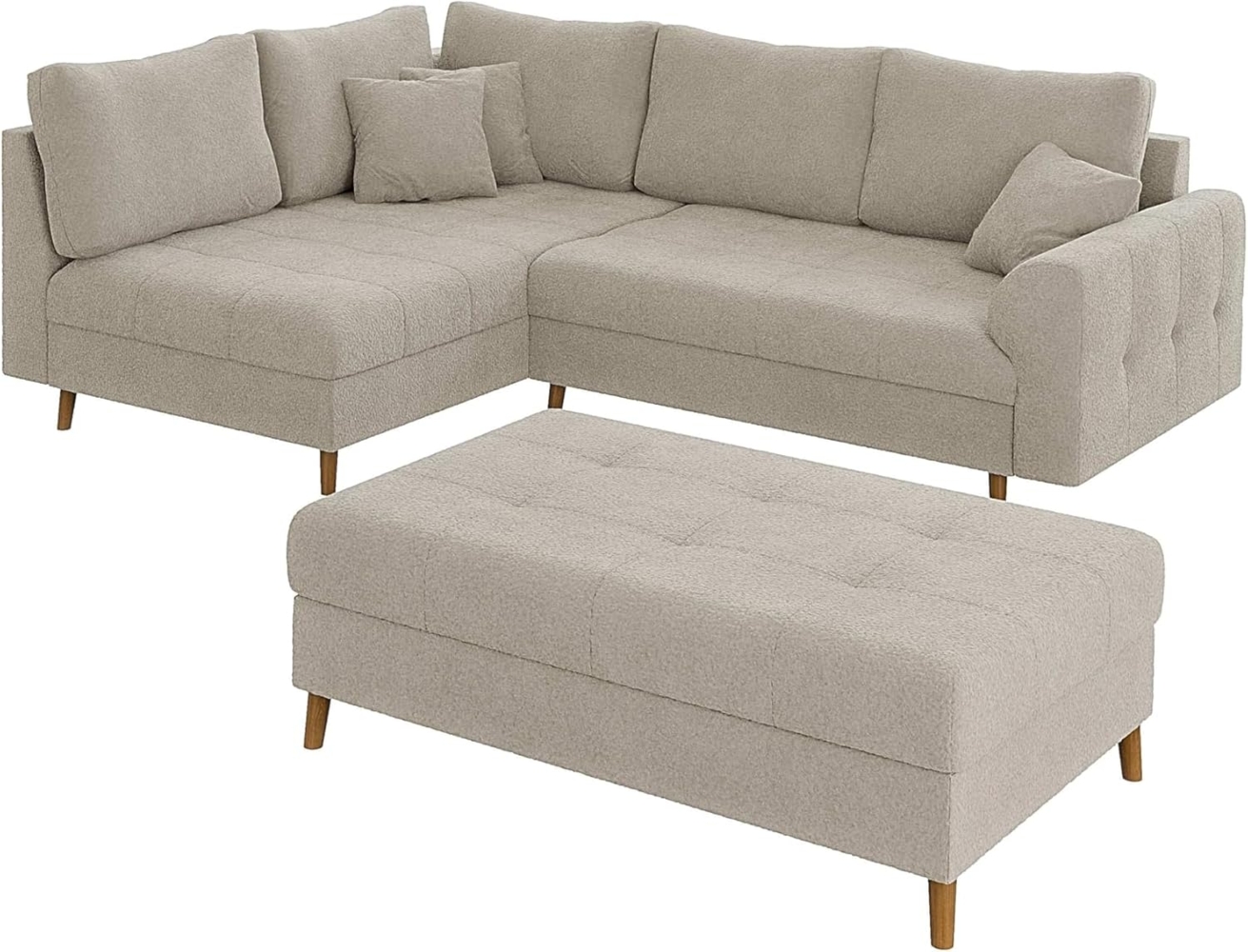 S-Style Möbel Ecksofa mit Schlaffunktion und Hocker Leif mit Holzfüßen, aus Boucle-Stoff, Ottomane links oder rechts bestellbar. Schlaffunktion in Kombination mit Hocker möglich, mit Wellenfederung Bild 1