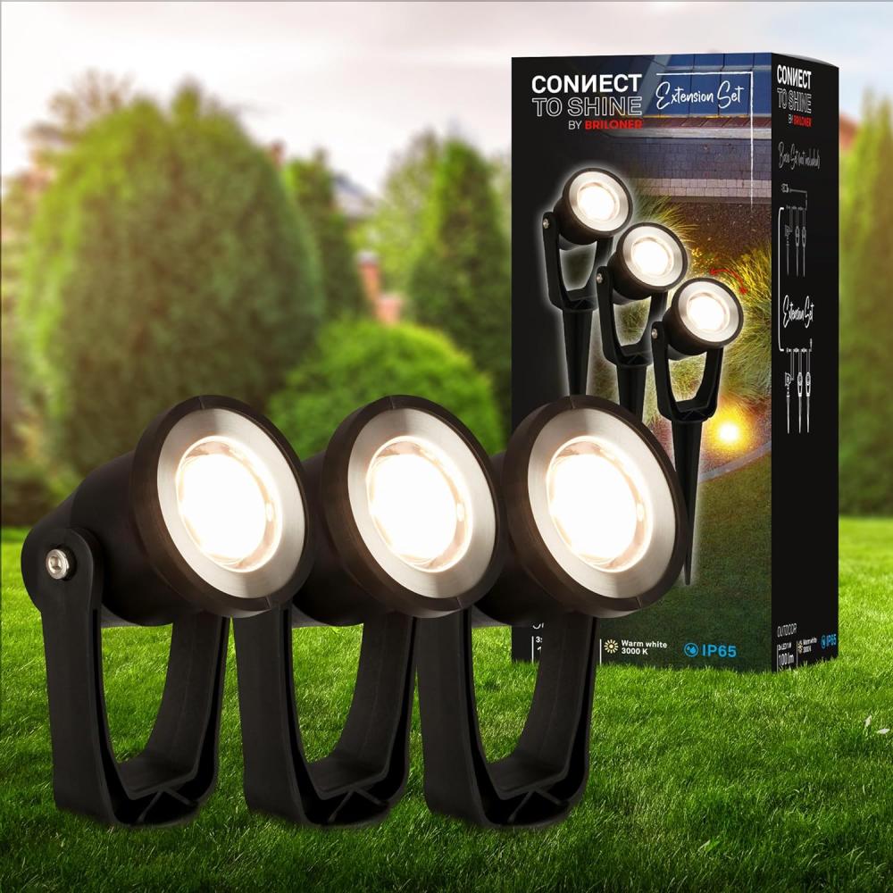 BRILONER - Connect to Shine 12V Gartensystem 3er Set LED Strahler mit Erdspieß, Erweiterungsset, IP65, warmweißes Licht, Gartenbeleuchtung, LED Gartenstrahler, 22,5x6x5 cm, Schwarz Bild 1