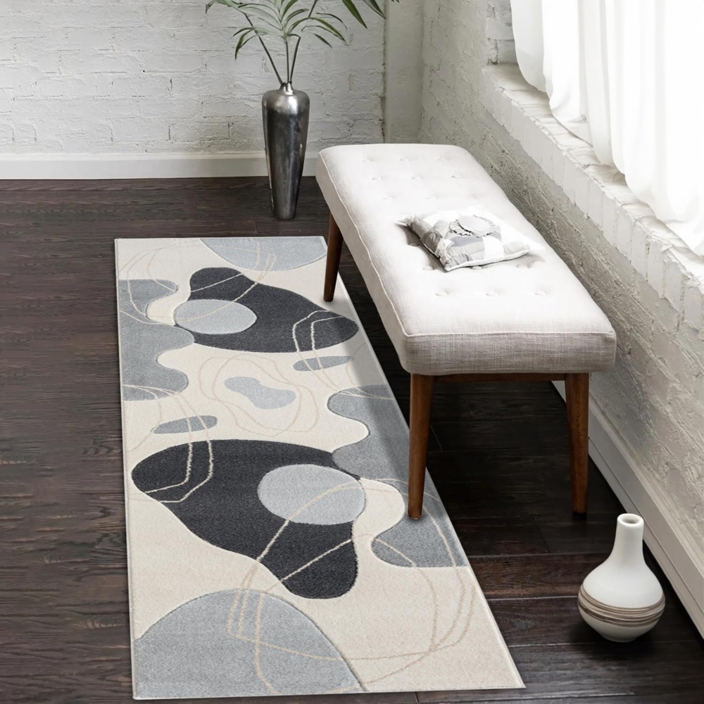Teppich Läufer Kurzflor Beige Grau - 80x150cm - Boho Abstraktes Design Modern Skandinavisch Wohnteppich Schlafzimmer Bild 1