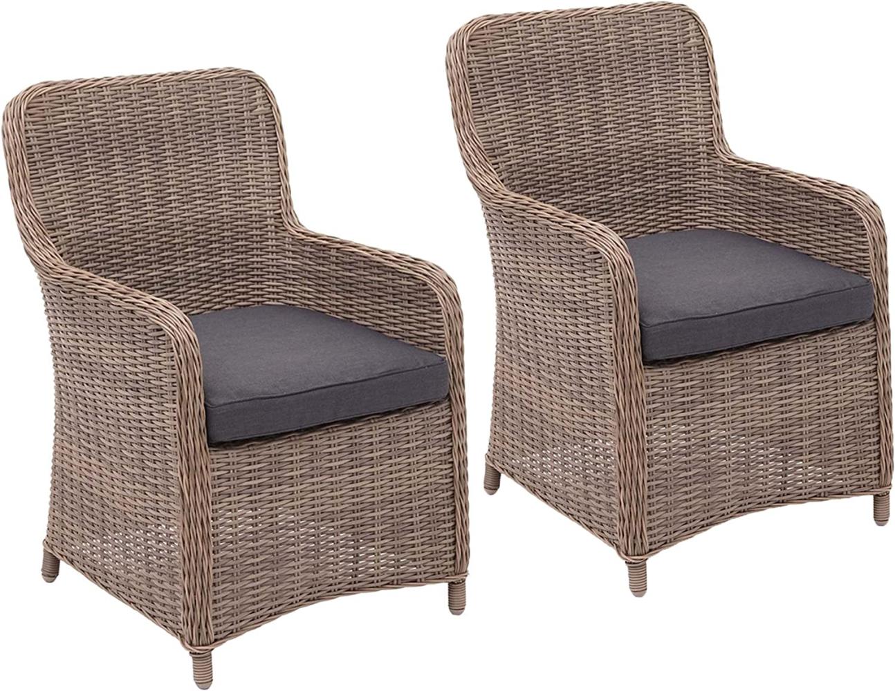 2er-Set Poly-Rattan Stuhl HWC-E98, Rattanstuhl Gartenstuhl Korbsessel, Spun Poly halbrundes Rattan beige Kissen grau Bild 1