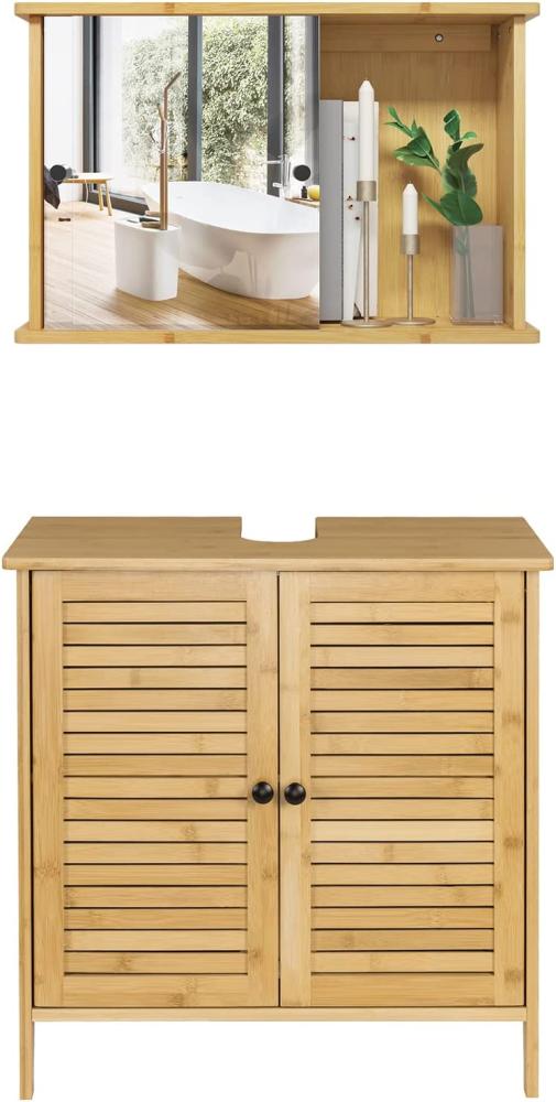 EUGAD Badezimmer Badmöbel Set Waschbeckenunterschrank Unterschrank Badezimmerschrank mit Spiegelschrank Hängeschrank für Bad Bambus Model 6 Bild 1