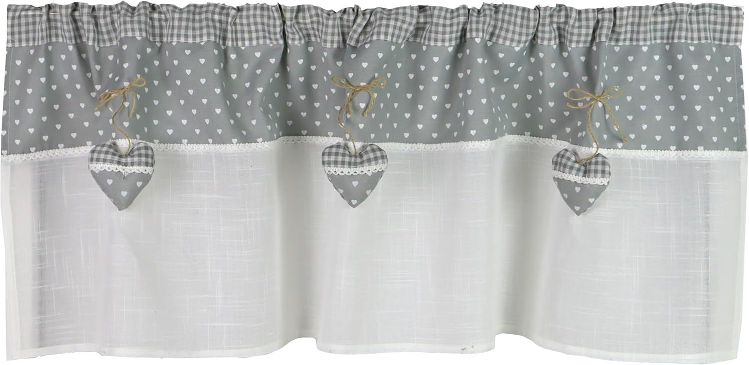 Clever-Kauf-24 Scheibengardine Scheibengardine, Landhaus, Herz, 2631-90, grau, Stangendurchzug, transparent, aufgesetzte Herzen in 3D Optik Bild 1