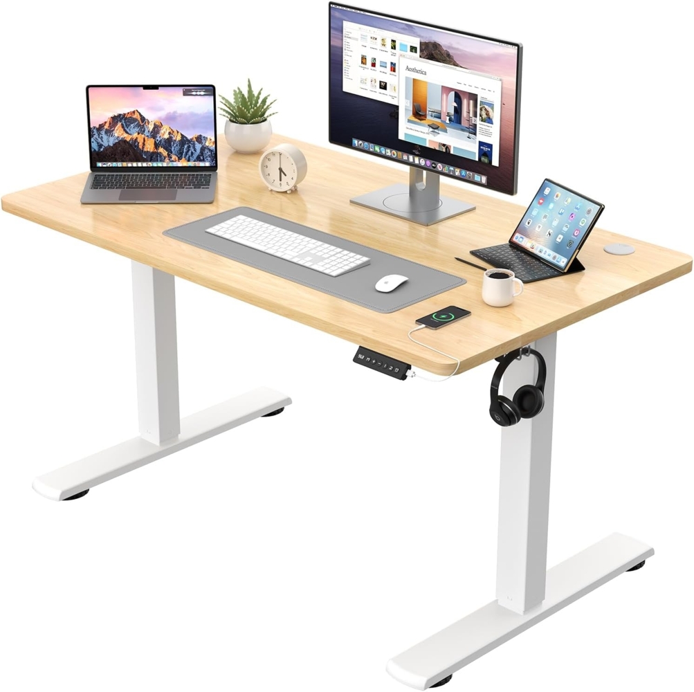 JUMMICO Höhenverstellbarer Schreibtisch KOMPLETTE TISCHPLATTE Elektrischer Schreibtisch Höhenverstellbar mit Memory-Funktion Steh-Sitz Tisch Computertisch 100x60 cm Beige Bild 1
