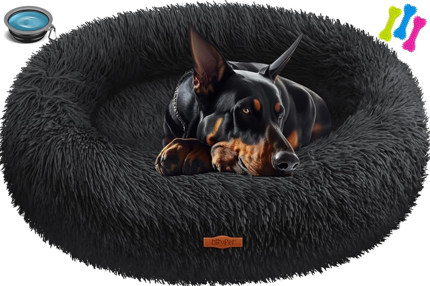 LOVPET® Hundebett Hundekissen Katzenbett Bagel, Waschbar, Inkl. Napf + 3x Kauknochen, Hundesofa flauschig Kissen Rund aus Plüsch für Kleine, Mittelgroße & Große Hunde, Katzen Schwarz, 4XL (120 x 120 cm) Bild 1
