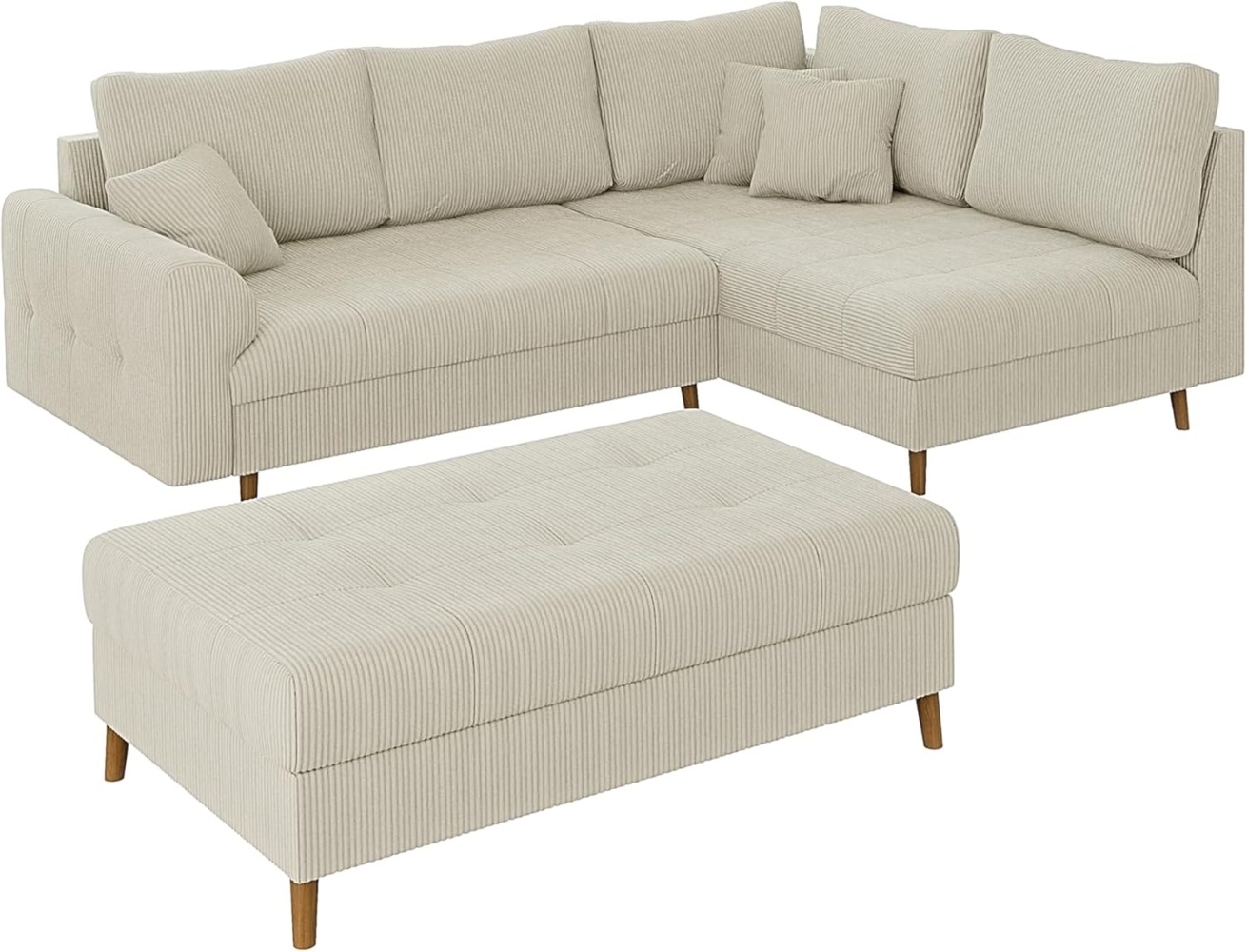 S-Style Möbel Ecksofa und Hocker Zara mit Schlaffunktion und Braun Holzfüßen aus Cord-Stoff, Ottomane links oder rechts bestellbar. Schlaffunktion in Kombination mit Hocker möglich, mit Wellenfederung Bild 1