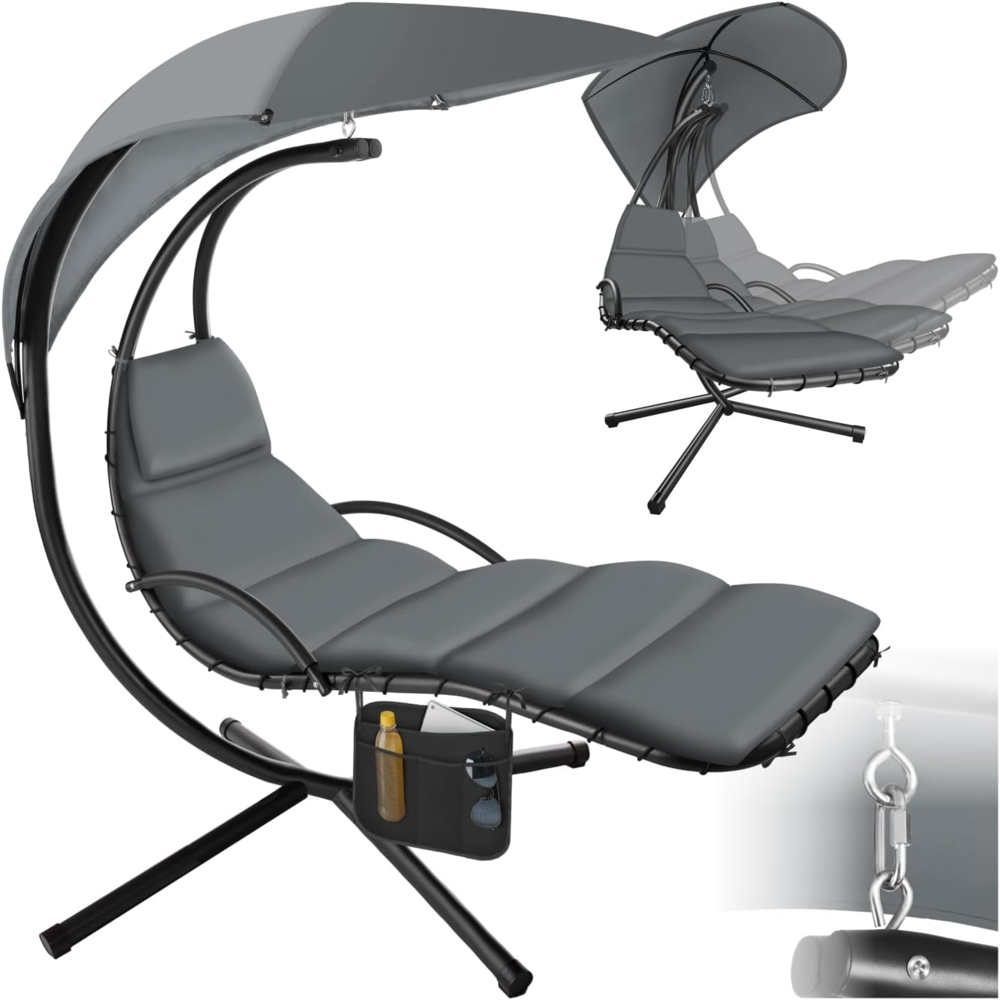 tectake® Hängeliege mit Gestell, Schwebeliege, Schwingliege mit Sonnendach, Schaukelliege, Hängesessel inkl. Tasche, Polsterauflage mit Kopfkissen, für Garten, Terrasse und Balkon - grau Bild 1