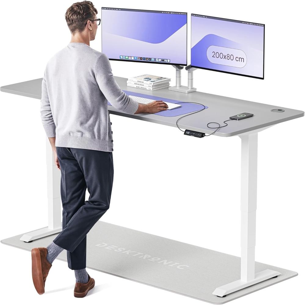 Höhenverstellbarer Schreibtisch - Höhenverstellbar Elektrisch mit Flüsterleisem Dual-Motor & Touchscreen - Hohe Tragfähigkeit - Stehtisch von Desktronic, Weiß + Grau, 200x80 cm Bild 1
