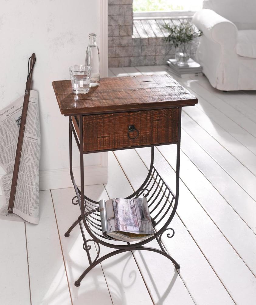 Dekoleidenschaft Konsolentisch Beistelltisch "Country-Style" aus Holz & Metall braun, im Antik Design, Telefontisch in rustikalem Shabby-Look mit Schublade & Zeitungsablage Bild 1