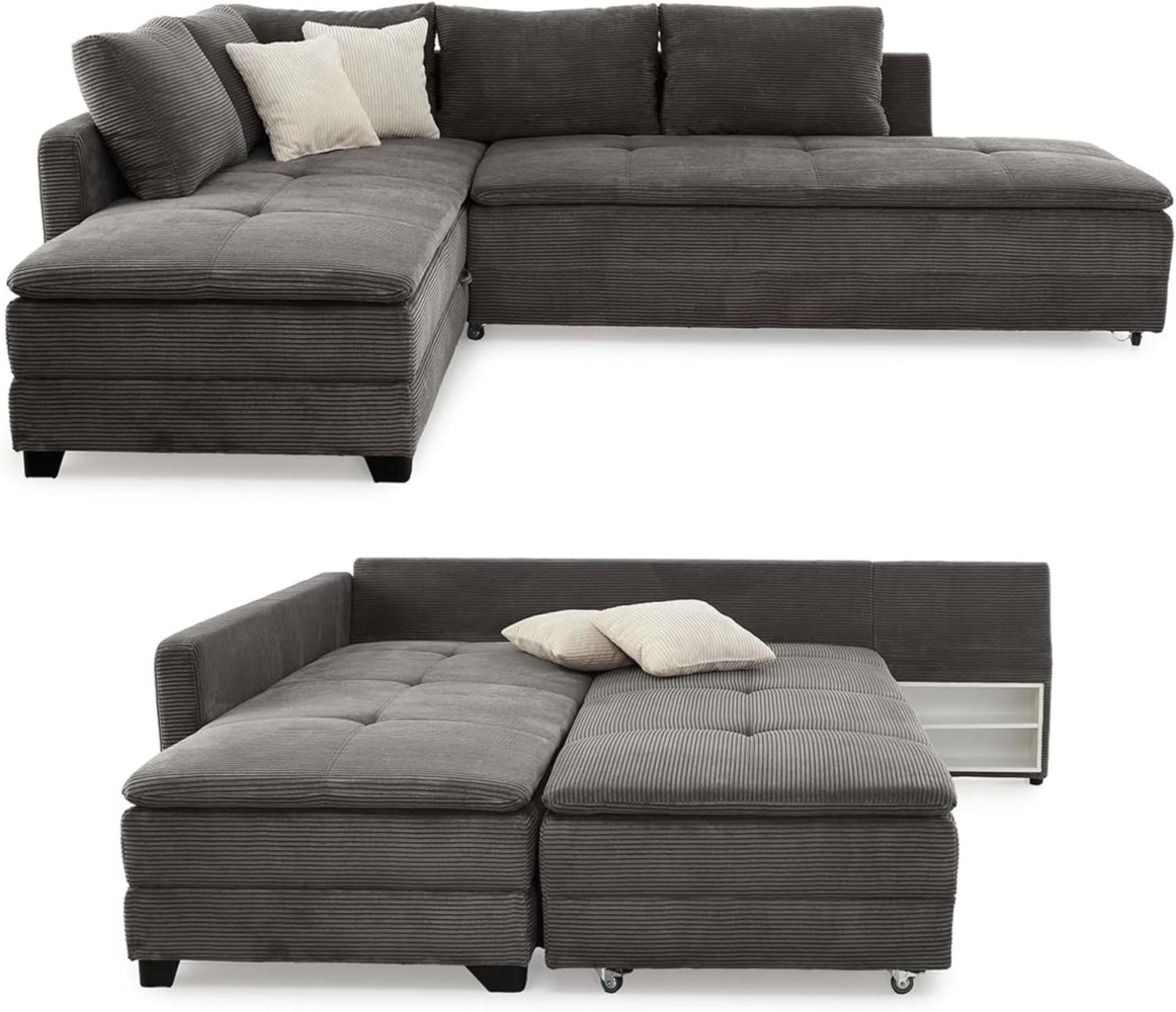 luma-home Ecksofa 15163, Dauerschläfer-Doppelbett 306x223 cm, Schwenkteil L/R, Bettkasten, Nachtkonsole, Boxspring, Federkern, Wellenunterfederung, Topper, Bezug Cord Grau Anthrazit Bild 1