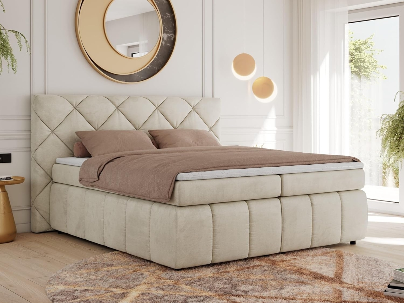 Boxspringbett, Doppelbett, Polsterbett mit Matratzen und Kopfteil - RITA - 140 x 200 cm - Beige Velours - H3 Bild 1