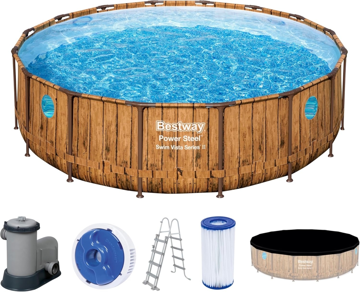 Power Steel™ Swim Vista Series™ Frame Pool Komplett-Set mit Filterpumpe Ø 488 x 122 cm, Holz-Optik (Pinie), rund Bild 1