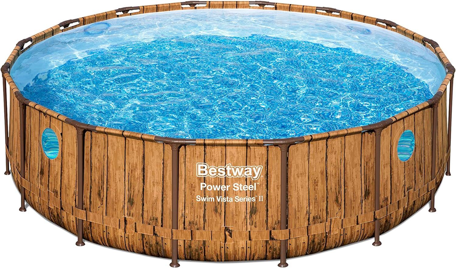 Power Steel™ Swim Vista Series™ Frame Pool Komplett-Set mit Filterpumpe Ø 488 x 122 cm, Holz-Optik (Pinie), rund Bild 1