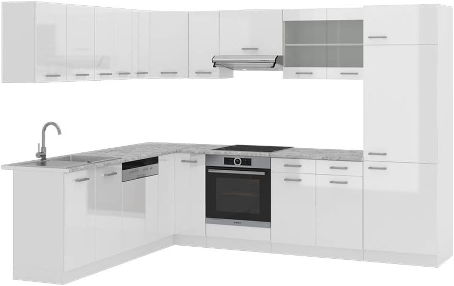 Eckküche R-Line Weiß Hochglanz/Weiß 287 x 60 cm , AP Marmor Vicco Bild 1