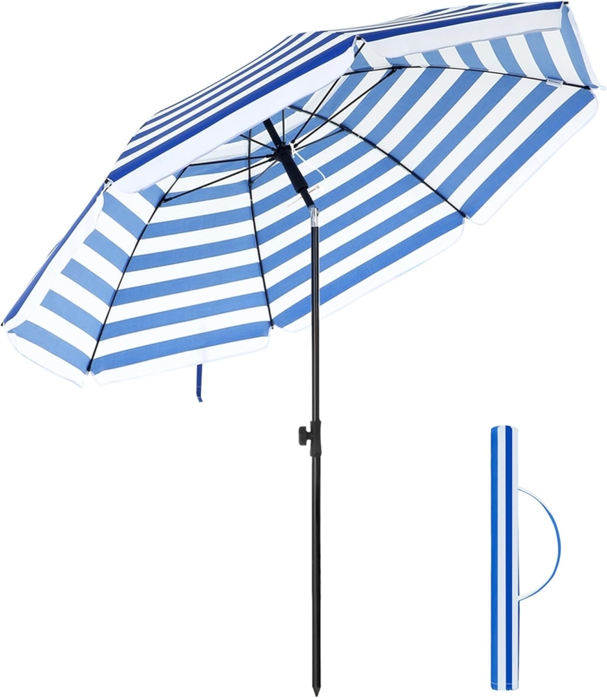 Songmics Sonnenschirm für Strand, Ø 200 cm, Gartenschirm, UV-Schutz bis UPF 50+, knickbar, tragbar, Schirmrippen aus Glasfaser, blau-weiß gestreift GPU65WU Bild 1