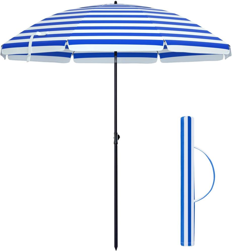 Songmics Sonnenschirm für Strand, Ø 200 cm, Gartenschirm, UV-Schutz bis UPF 50+, knickbar, tragbar, Schirmrippen aus Glasfaser, blau-weiß gestreift GPU65WU Bild 1