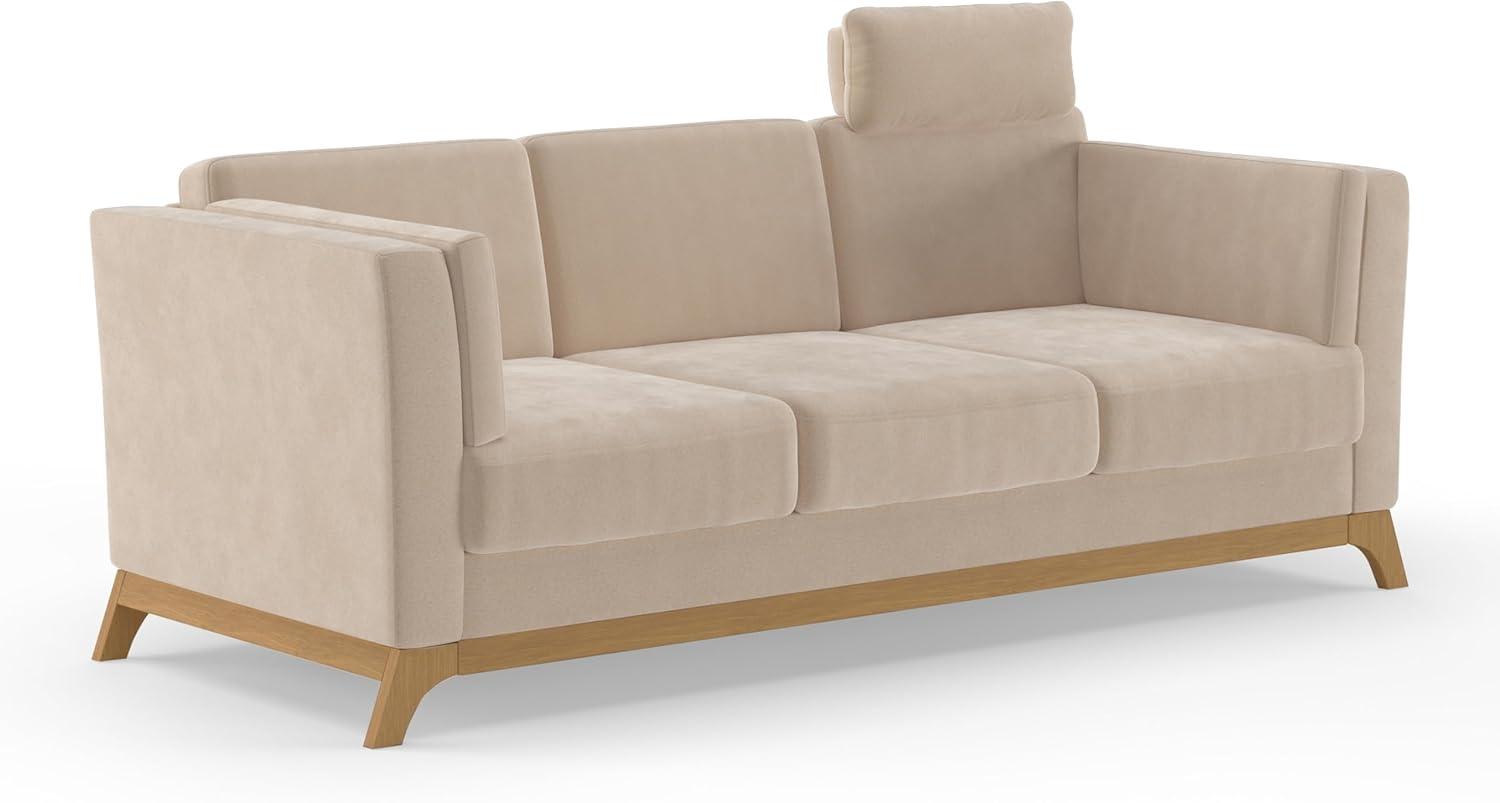 Cavadore 3er-Sofa Vida / 3-Sitzer Couch im trendigen Design mit massivem Holzrahmen in Eiche, Kopfstütze mit Kuschelkissen / 213 x 84 x 93 / Mikrofaser, Hellbraun-Beige Bild 1