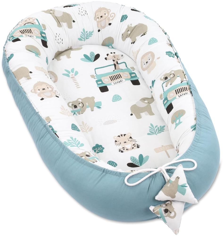 Babynest Kokon Neugeborene 90 x 50 cm - Handmade Kuschelnest Baby Nestchen aus Baumwolle Afrika Blau Bild 1