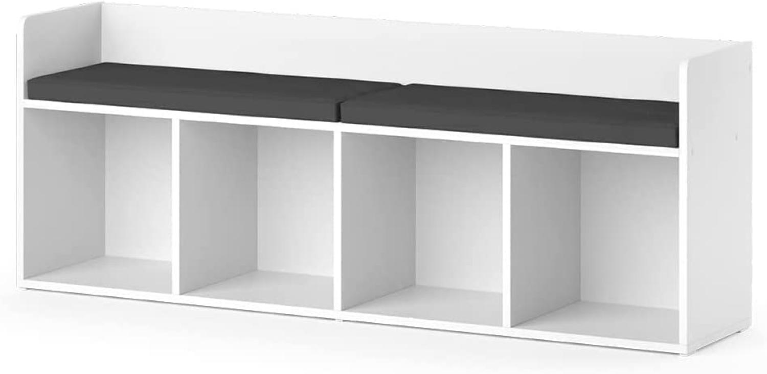 Vicco Sitzbank Kinderzimmerbank Kinderregal Luigi Weiß 142x53 cm modern Kinderzimmer Regal Aufbewahrungsregal Bücherregal Lesebank Spielzeugaufbewahrung Organizer Regal-Bank-Kombi 4 Fächer Bild 1