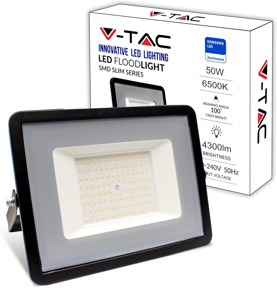 V-TAC LED Strahler Außen 50W - [Samsung Chip - High Performance] - 4300 Lumen - IP65 - Schwarzer LED-Fluter für Haus, Garten, Garage - Wasserdicht - LED-Außenstrahler - Kaltweißes Licht 6500K Bild 1