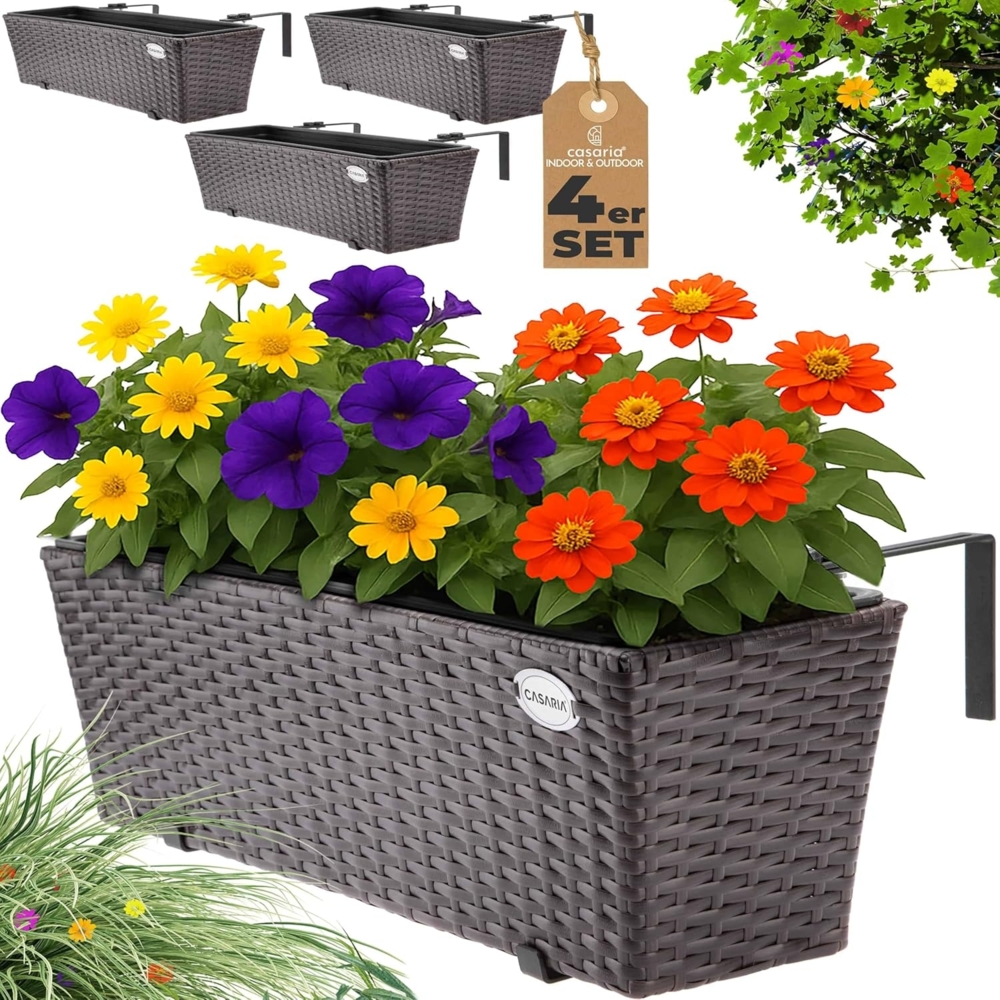 Casaria Blumenkasten, 4er Set 11 Liter Montagehalterung Indoor Outdoor Geländerkasten Bild 1