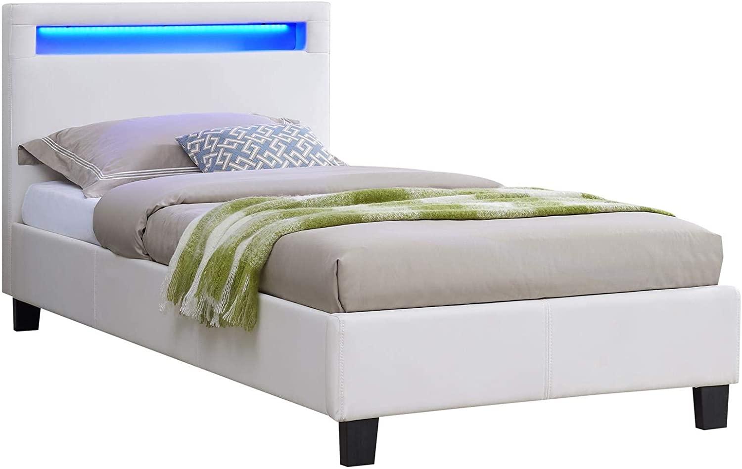 CARO-Möbel Polsterbett Mandalay mit LED Beleuchtung Einzelbett Lederbett 90x200 cm mit Lattenrahmen, Lederimitat in weiß Bild 1