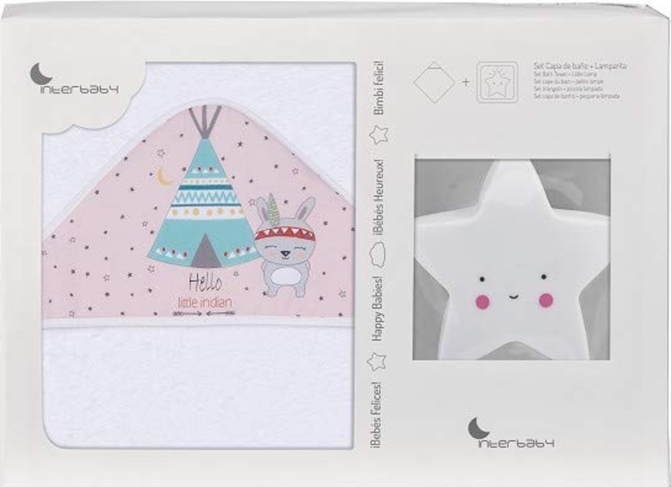 Interbaby ES1202-12 Baby Kapuzenbadetuch TIPI OSO, weiss e rosa mit Nachtlicht Stern, Rosa Bild 1