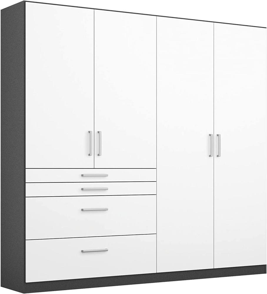 Rauch Möbel Harburg Schrank Kleiderschrank Drehtürenschrank Weiß/Graumetallic 4-türig mit 4 Schubladen inklusive Zubehörpaket Basic 3 Einlegeböden, 1 Kleiderstange BxHxT 181x197x54 cm Bild 1