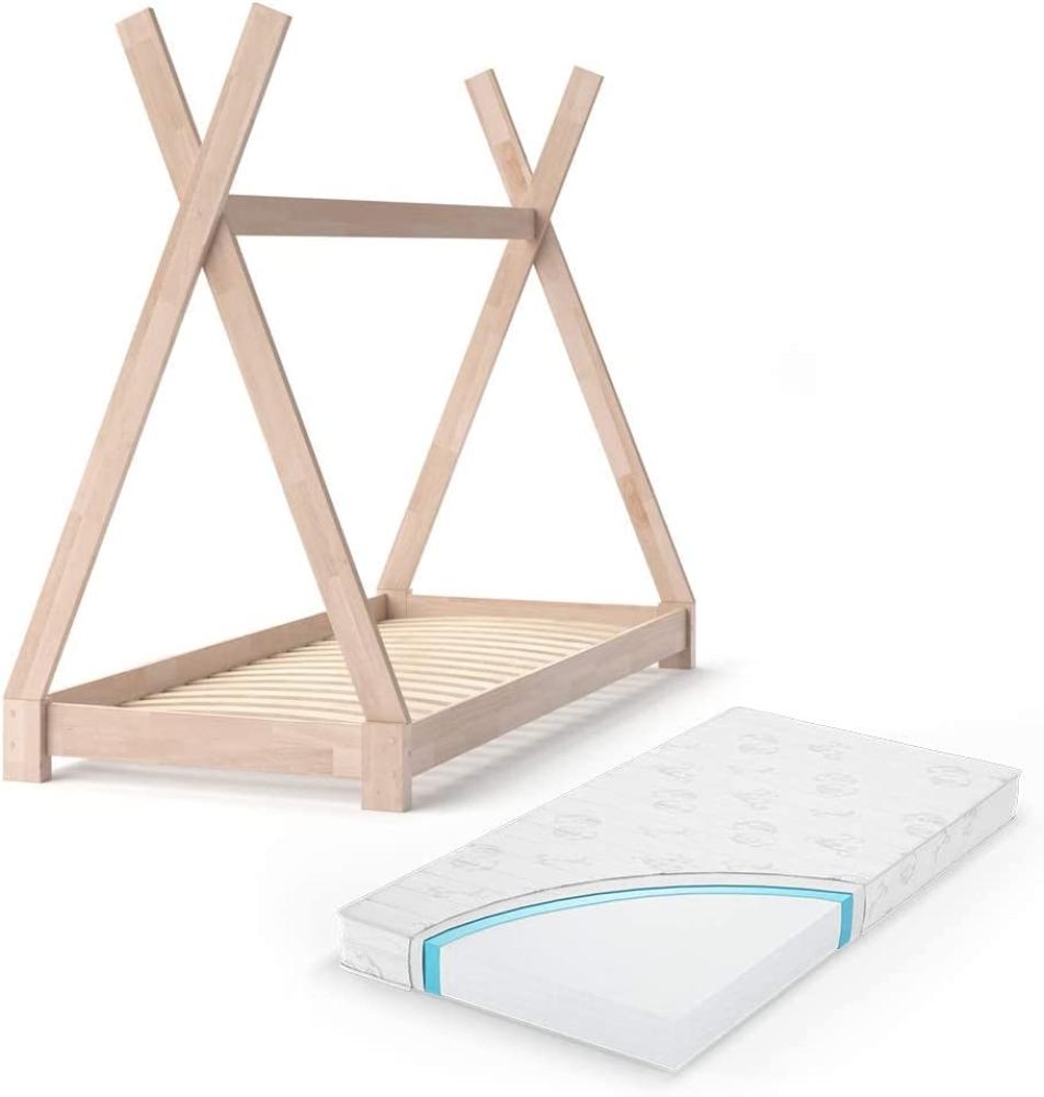 VITALISPA Kinderbett TIPI Indianer Bett Kinderhaus Holz Hausbett 80x160 cm Natur mit Matratze Bild 1