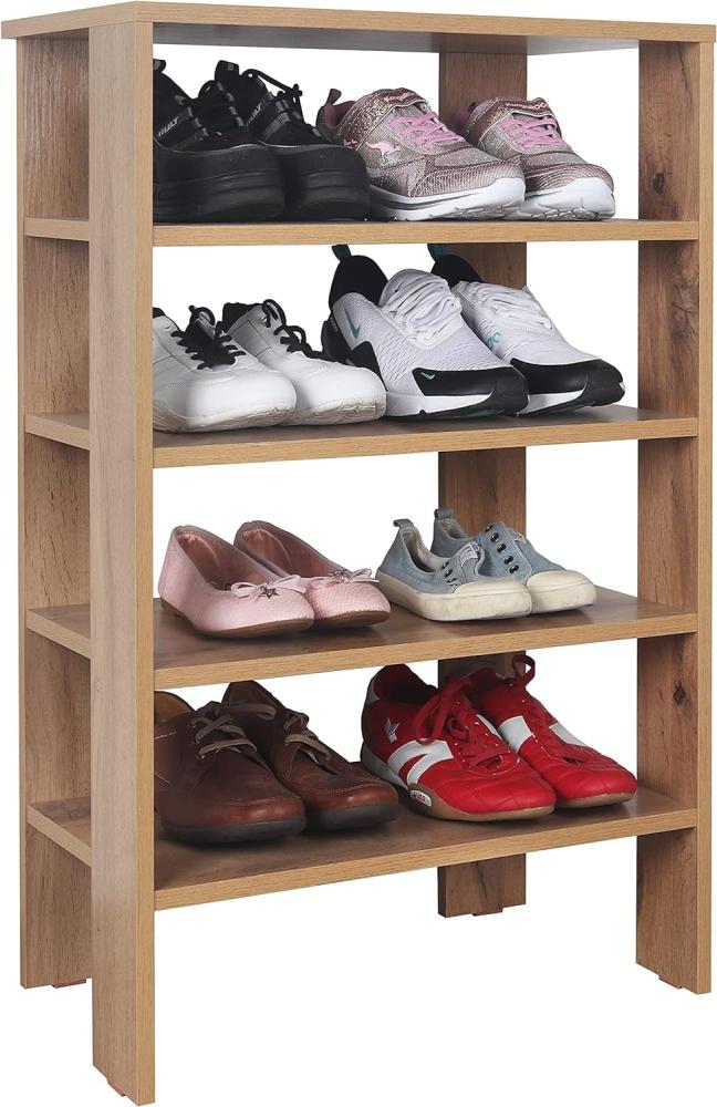 RICOO Schuhregal schmal und hoch 88x60x32cm Standregal Pressholz Eiche Braun WM040-EW, Schuhständer mit 4 Ebenen, Schuhschrank offen, Schuhablagen Flur Shoe Rack, Schuhablage klein, Schuhregale Bild 1