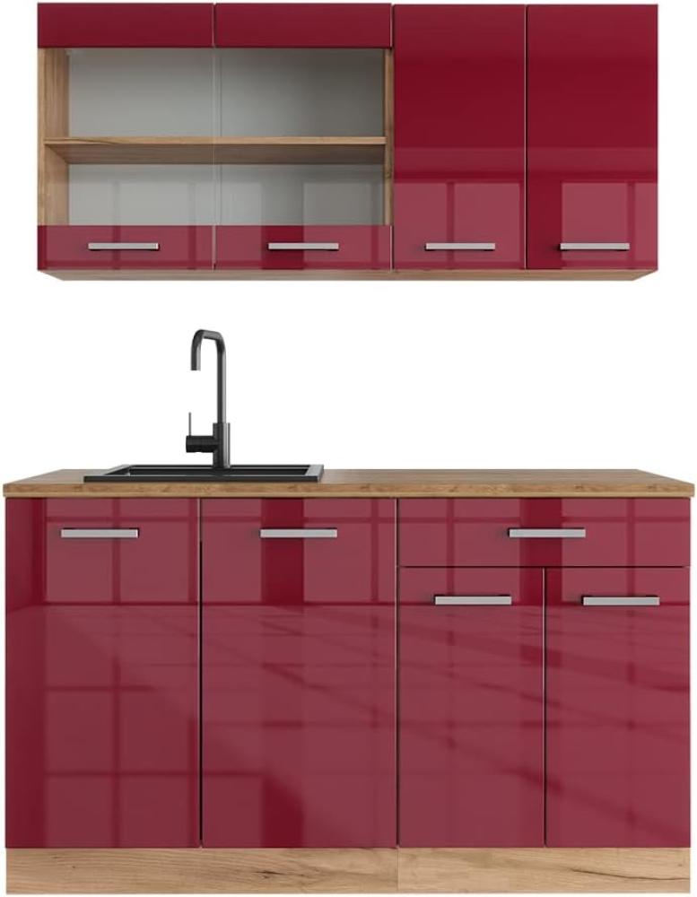 Vicco Küchenzeile Küchenblock Einbauküche R-Line Single 140cm (Bordeaux Hochglanz/Goldkraft Eiche, Ohne Arbeitsplatten) Bild 1