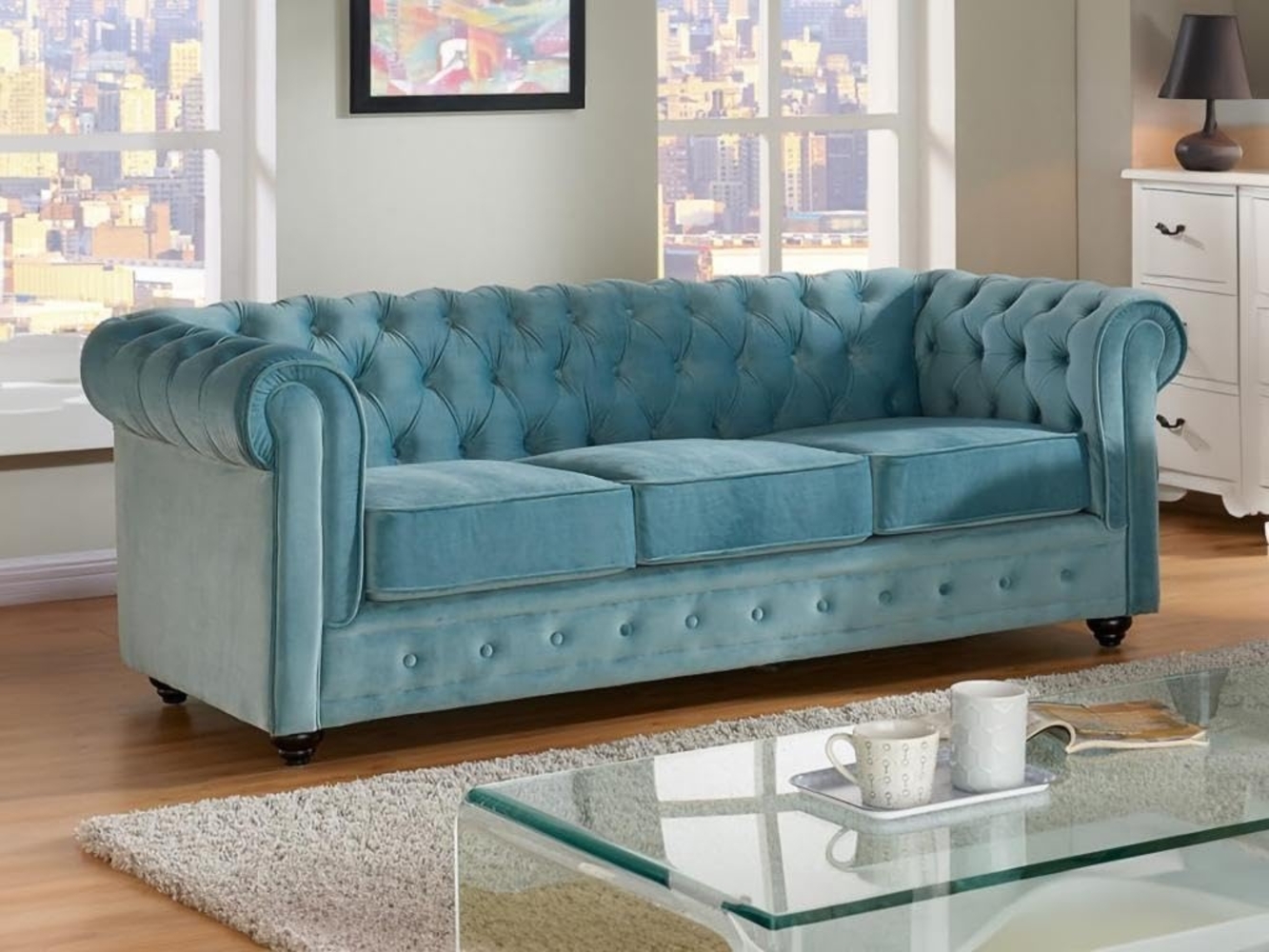 3-Sitzer-Sofa CHESTERFIELD - Samt - Hellblau Bild 1