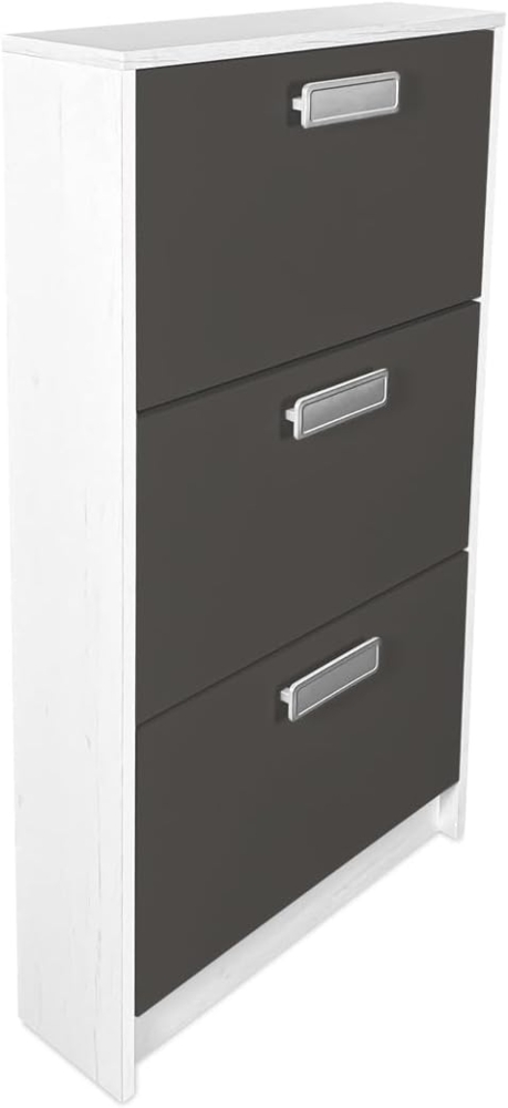 Homey, Schuhschrank mit 3 Türen, schmaler Schuhschrank, Modell Oslo, Finish in Farbe Andersen und Graphit, Maße: 108 cm hoch x 60 cm breit x 17 cm tief, praktisch und funktional Bild 1