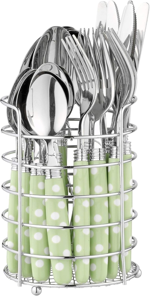 Esmeyer 199-365 24-TLG. Besteck Liana, lindgrün m. weißen Punkten aus Edelstahl 18/0 poliert, im runden Besteckkorb, in transparenter Runddose Bild 1
