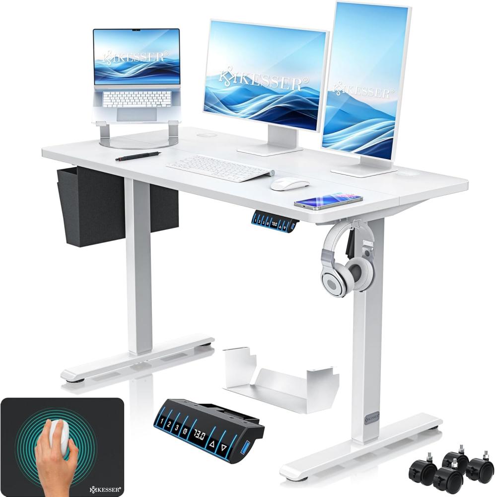 KESSER® Höhenverstellbarer Schreibtisch elektrisch | Ergonomisch Steh-Sitz Schreibtisch | 3-Funktions-Memory Steuerung | Inkl. 360° Rollen & USB-Ladeanschluss | Computertisch für Homeoffice Weiß, 120 x 60 cm Bild 1