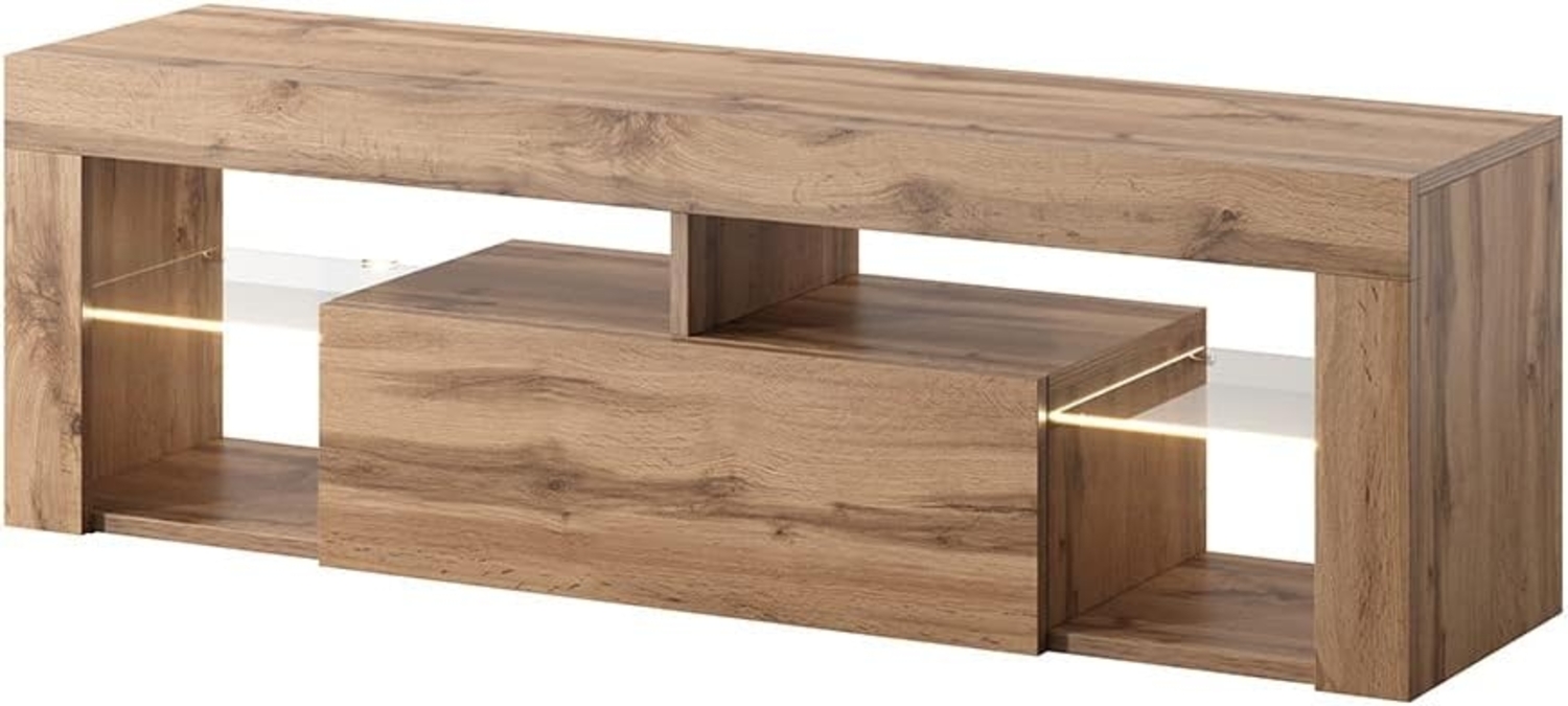 Selsey BIANKO – TV-Lowboard/Fernsehschrank Stehend Holzoptik Eiche Lancaster mit Klapptür 140 cm (mit LED, Holzoptik Eiche Lancaster) Bild 1