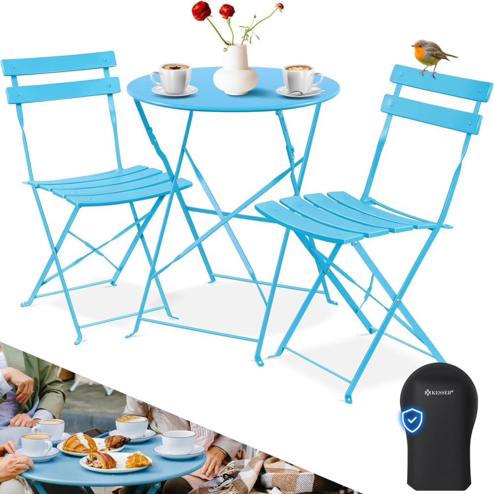 KESSER® Bistroset 3-teilig Bistrotisch mit 2 klappbaren Stühle Set Balkonset Balkonmöbel Klapp-Möbel Gartenset Sitzgarnitur Gartengarnitur Gartenmöbel Sitzgruppe Metall Bistro Gartentisch inkl. Abdeckung Hellblau Bild 1