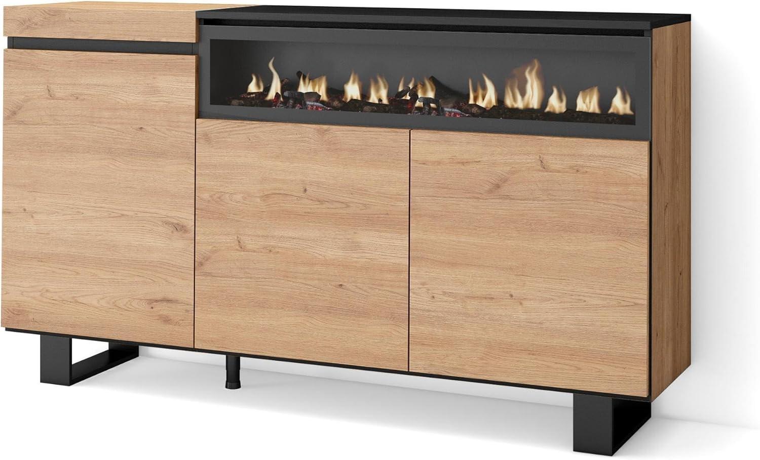 Skraut Home | Sideboard, Highboard | Kommode, Komodenschrank | 150x87x35cm | 3 Türen | Elektrokamin. Maße | Industriedesign | Moderner Stil | Eiche Schwarz Bild 1