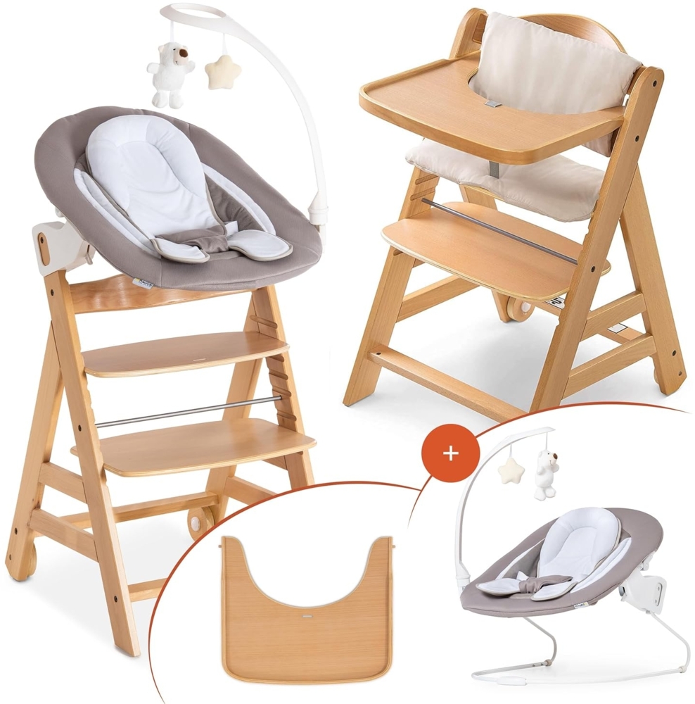 Hauck Alpha Plus Move Newborn Set Deluxe - Baby Holz Hochstuhl ab Geburt mit Liegefunktion - inkl. Aufsatz für Neugeborene, Sitzpolster, Tisch - mitwachsend, verstellbar - Natur Sand Bild 1