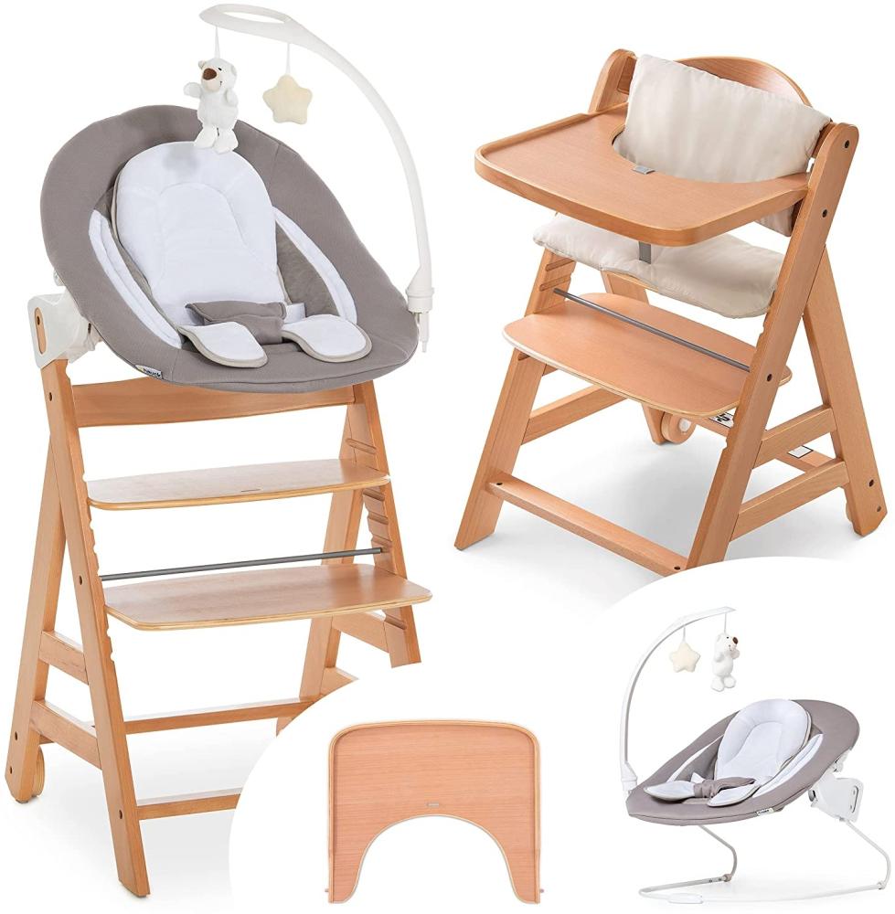 Hauck Alpha Plus Move Newborn Set Deluxe - Baby Holz Hochstuhl ab Geburt mit Liegefunktion - inkl. Aufsatz für Neugeborene, Sitzpolster, Tisch - mitwachsend, verstellbar - Natur Sand Bild 1