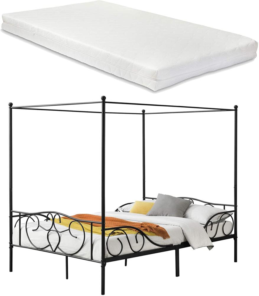 Himmelbett Finström Metallbett mit Kaltschaummatratze 140x200cm Schwarz en. casa Bild 1