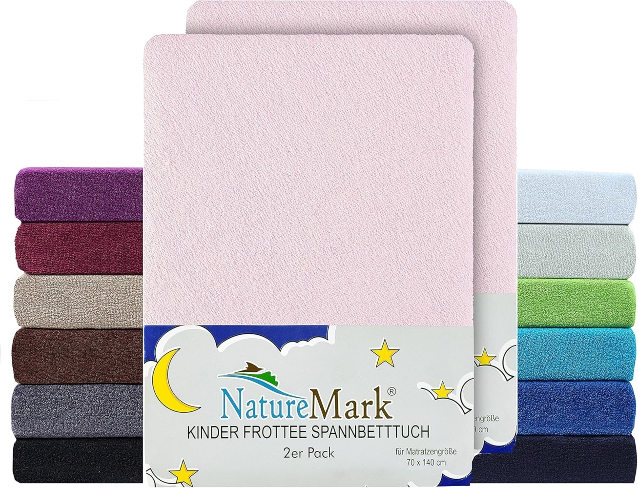 NatureMark Spannbettlaken Frottee Spannbettlaken, 80% Baumwolle / 20% Polyester, Gummizug: rundum, (2 Stück), 2er Set Kinder Spannbettlaken Frottee, Spannbetttuch 80% Baumwolle / 20% Polyester, für Babybett und Kinderbett, 70x140 cm - Rosa Bild 1