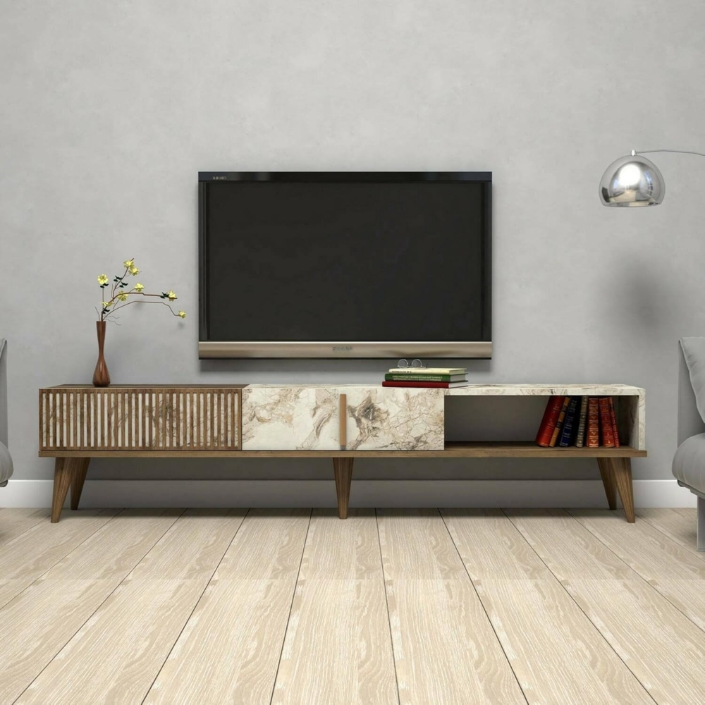 Dmora - Fernsehschrank Aquila, Ständer für Wohnzimmerfernseher, Niedriges Wohnzimmer-Sideboard, TV-Ständerbasis, 180x35h40 cm, Walnuss und Weiß Bild 1
