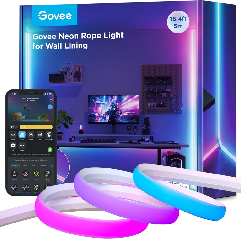 Govee Neon LED Strip für Sockelleiste,5M RGBIC LED Streifen für Wandlinien und Ecken, Kompatibel mit Matter，Musiksync, Zuschneidbar, Neon Licht Deko für Wohnzimmer, Korridor, Schlafzimmer Bild 1