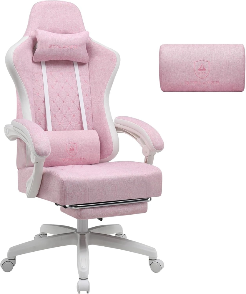 GTPLAYER Gaming Stuhl Stoff, Gaming Sessel mit Taschenfederkissen, ergonomischer Drehstuhl, Gamer Stuhl mit Fußstütze150 kg Belastbarkeit, pink-weiß Bild 1