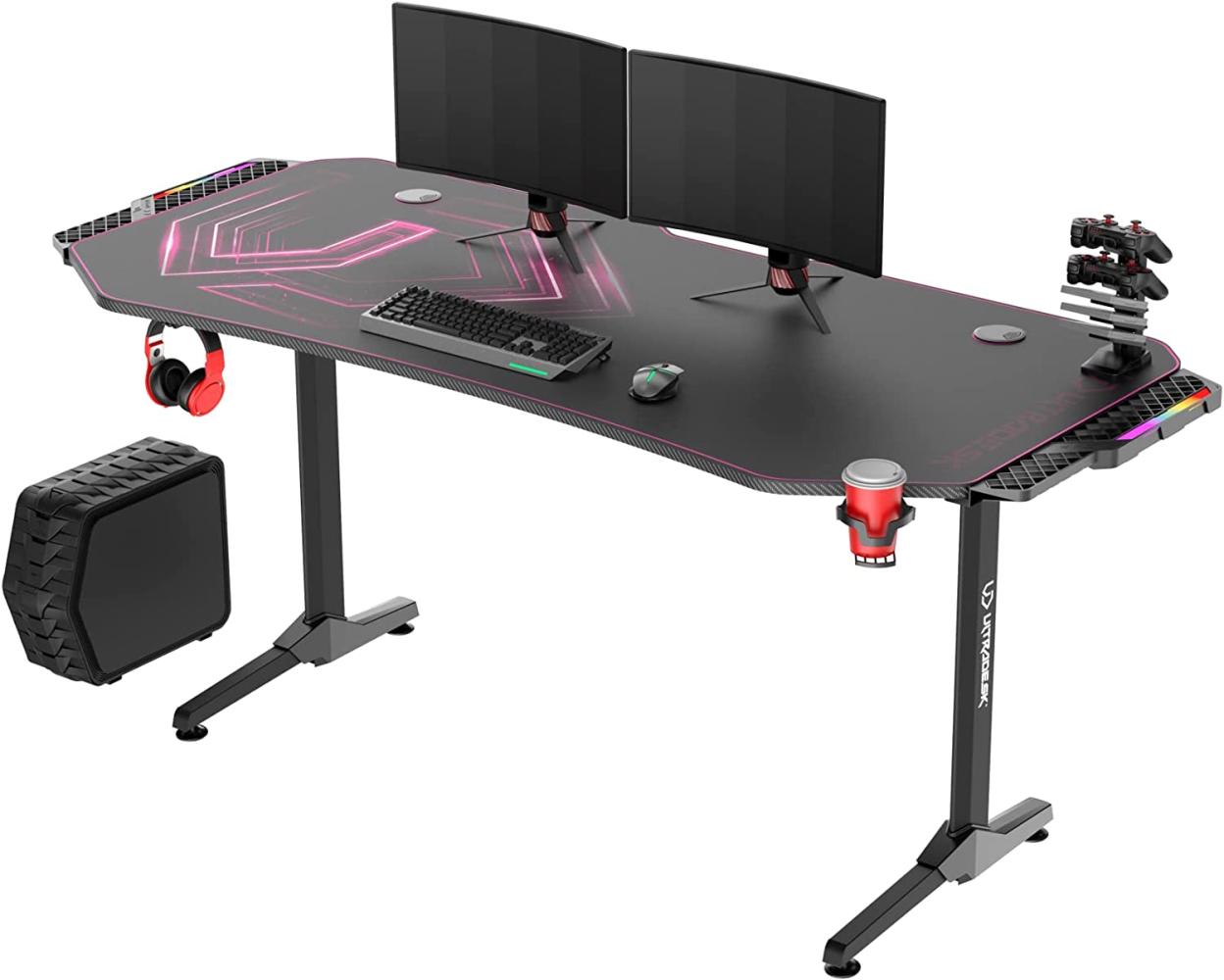 ULTRADESK Frag XXL RGB LED | Gaming-Schreibtisch mit großer Arbeitsfläche & XXL-Pad, 2 Kabeldurchlässe | Gut für Home Office, Fach für Steckdosenleisten | Stahlgestell, Pinkes Pad, 160x75 cm Bild 1