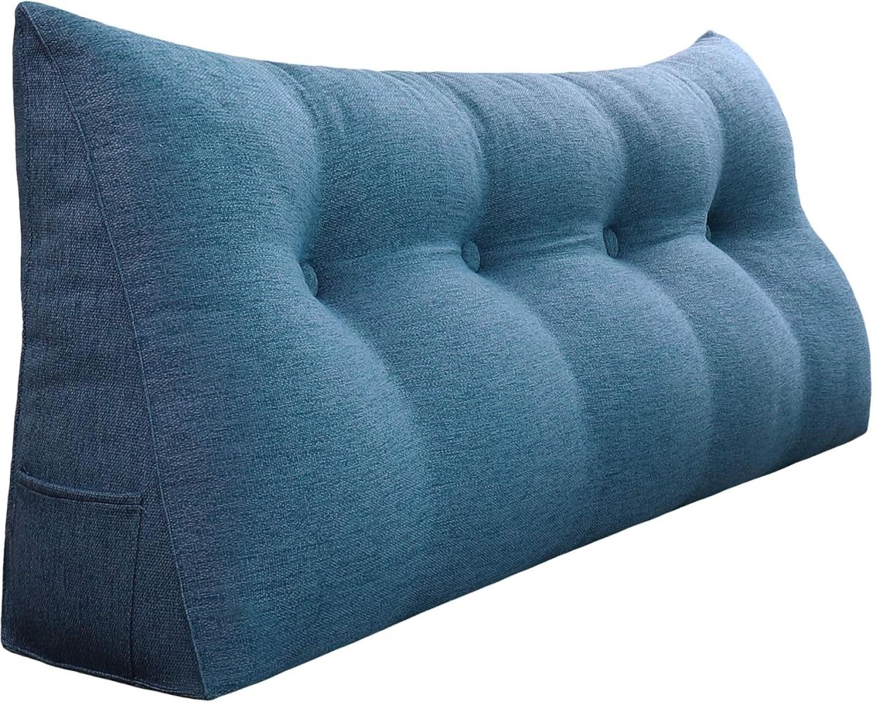 VERCART Großes Bettruhe Keilkissen, Lang Lesekissen, Dekoratives Kopfteilkissen, Dreieckiges Rückenkissen, Loungekissen für Tagesbett oder Couch, Leinenmischung Blau, 120CM Bild 1