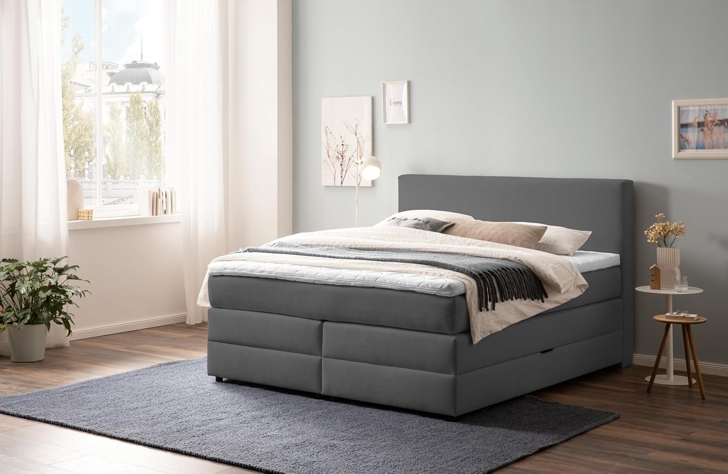 Belanoti Boxspringbett LOFT (Boxspringbett 180x200 mit Bettkasten, 7-Zonen Taschenfederkern Matratze inklusive Visco Topper), Bett 180x200 in der Farbe Anthrazit H2/H3 Polsterbett Bild 1