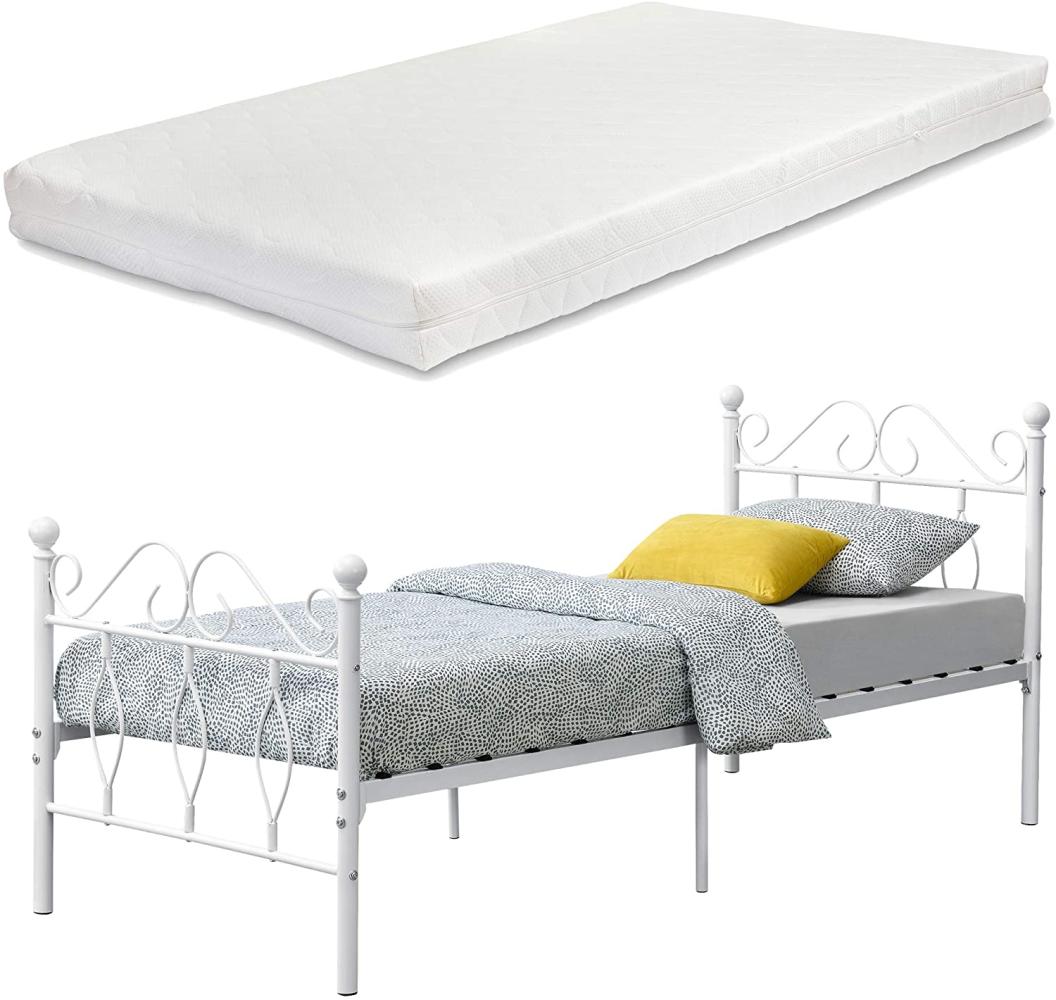 Metallbett Apolda 90x200 cm Jugendbett mit Kaltschaummatratze bis 200kg Weiß en. casa Bild 1