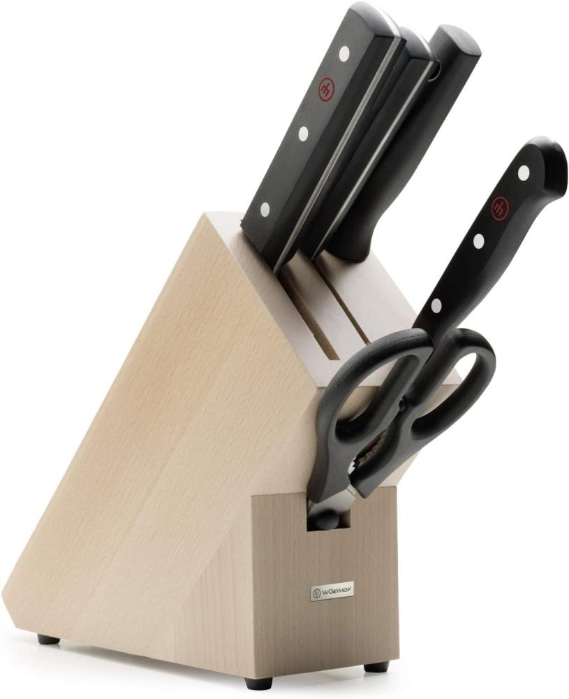 Wüsthof Messerblock 5-teilig, Gourmet (1095070501), massiver Holzblock, helle Buche, Küchenmesser Set inkl. 3 Kochmesser, Wetzstahl und Schere Bild 1