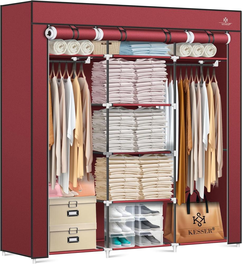 KESSER® Kleiderschrank Stoffschrank Stabil mit Kleiderstange & Ablagen, Inkl. 5x Kleiderbügel, Stoff Faltschrank für Schlafzimmer, Ankleidezimmer Garderobe mit Kleiderständer 150x45x175cm Bordeaux Rot Bild 1